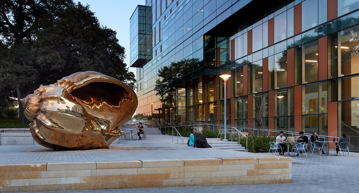 Dell Medical HLB north facade with spiral of the galaxy landmark sculpture