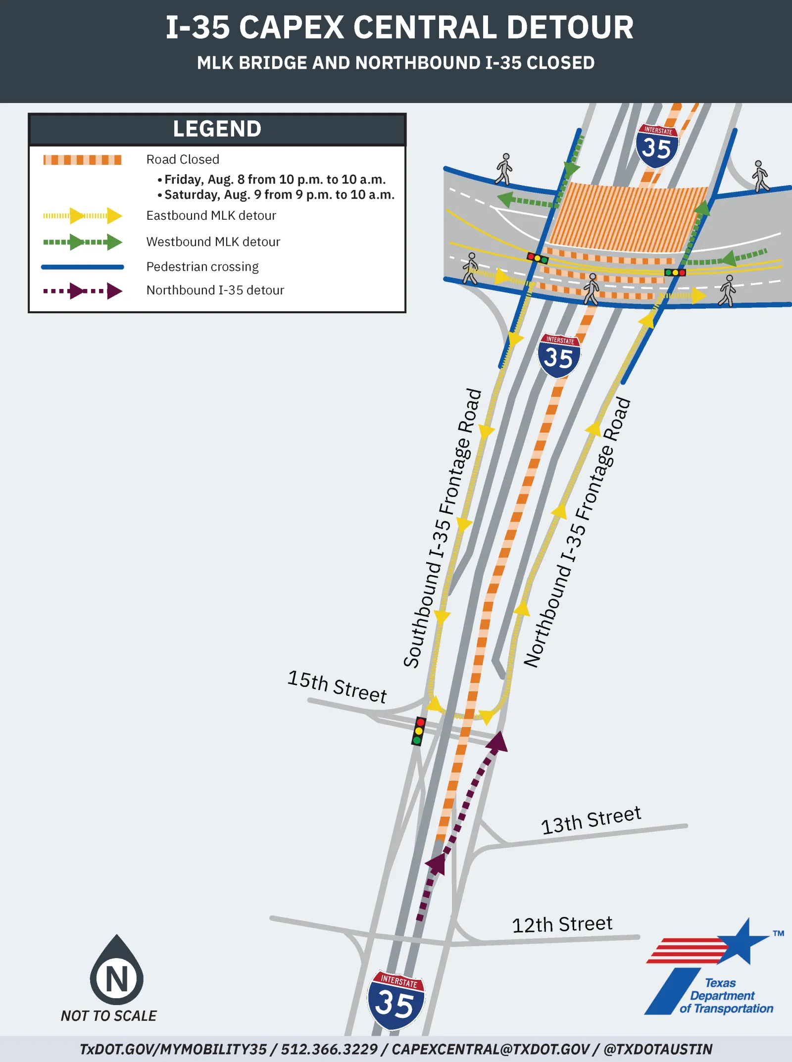 August MLK Bridge and Northbound I-35 Closure Map